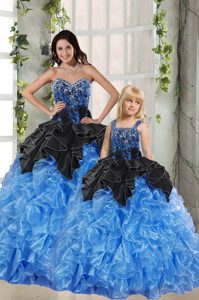 Flare Black and Blue Sleeveless Floor Length Beading and Ruffles Lace Up Sweet 16 Dresses