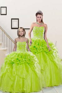 Yellow Green 15 Quinceanera Dress Military Ball and Sweet 16 and Quinceanera and For with Beading and Pick Ups Sweetheart Sleeveless Lace Up