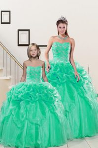 Luxurious Sleeveless Floor Length Beading and Pick Ups Lace Up Quince Ball Gowns with Turquoise