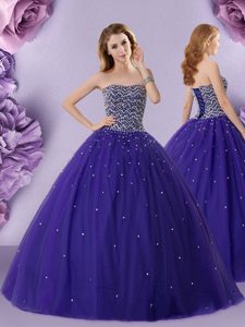 Smart Purple Sleeveless Tulle Lace Up Quinceanera Dresses for Military Ball and Sweet 16 and Quinceanera