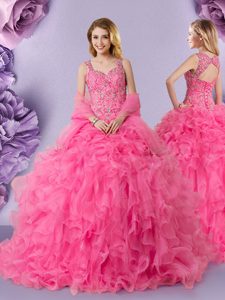 Stunning Straps Sleeveless Lace Up 15 Quinceanera Dress Hot Pink Organza