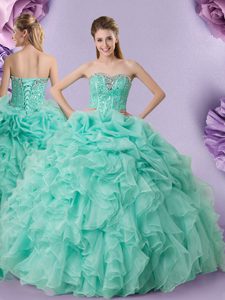 Floor Length Apple Green 15 Quinceanera Dress Organza Sleeveless Beading and Ruffles and Pick Ups