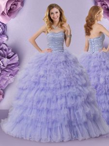 Custom Design Lavender Lace Up Strapless Beading and Ruffled Layers Quinceanera Dresses Tulle Sleeveless