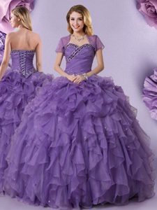 Beautiful Sleeveless Floor Length Beading and Ruffles Lace Up Quinceanera Gown with Purple