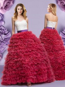 Inexpensive Ruffled Floor Length Wine Red Quinceanera Court of Honor Dress Sweetheart Sleeveless Lace Up