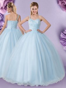 Light Blue Tulle Lace Up One Shoulder Sleeveless Floor Length Sweet 16 Dresses Appliques