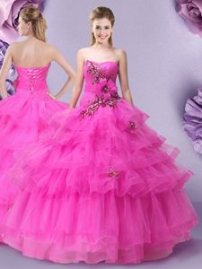 Sleeveless Appliques and Ruffled Layers and Hand Made Flower Lace Up Quinceanera Dress
