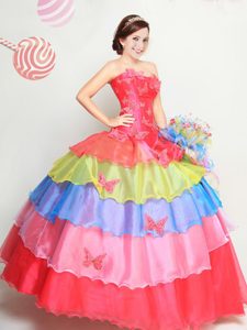 Custom Fit Ruffled Strapless Sleeveless Lace Up Quince Ball Gowns Multi-color Organza