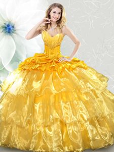 Organza Sweetheart Sleeveless Lace Up Ruffled Layers and Sequins Vestidos de Quinceanera in Gold