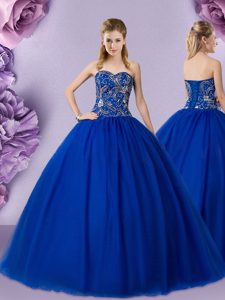 Fashion Royal Blue Lace Up Sweetheart Beading 15th Birthday Dress Tulle Sleeveless