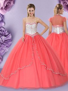 Ball Gowns Quinceanera Gown Watermelon Red Sweetheart Tulle Sleeveless Floor Length Lace Up