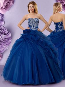 Custom Made Royal Blue Quince Ball Gowns Military Ball and Sweet 16 and Quinceanera and For with Beading and Ruffles and Hand Made Flower Strapless Sleeveless Lace Up