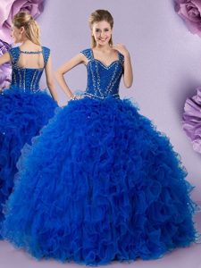 Admirable Straps Straps Royal Blue Cap Sleeves Beading and Ruffles Floor Length Vestidos de Damas