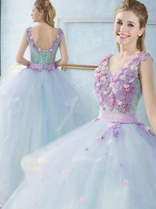 Classical Tulle V-neck Sleeveless Lace Up Appliques and Ruffles Vestidos de Quinceanera in Light Blue