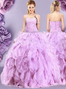 Exquisite Sweetheart Sleeveless 15th Birthday Dress Floor Length Beading and Ruffles Lilac Tulle