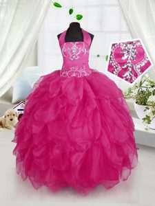On Sale Halter Top Fuchsia Sleeveless Floor Length Appliques and Ruffles Lace Up Kids Formal Wear