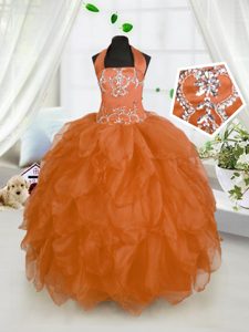 Orange Red Ball Gowns Halter Top Sleeveless Organza Floor Length Lace Up Beading and Ruffles Pageant Dress for Womens