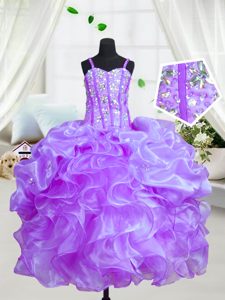 Eggplant Purple Ball Gowns Beading and Ruffles Girls Pageant Dresses Lace Up Organza Sleeveless Floor Length