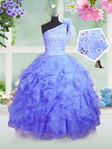 Eye-catching One Shoulder Beading and Ruffles Little Girls Pageant Dress Wholesale Blue Lace Up Sleeveless Floor Length