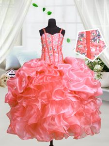 Latest Watermelon Red Organza Lace Up Little Girls Pageant Dress Wholesale Sleeveless Floor Length Beading and Ruffles