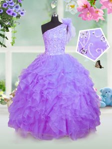 Floor Length Lavender Pageant Gowns One Shoulder Sleeveless Lace Up