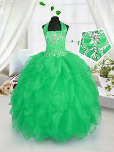 Halter Top Apple Green Ball Gowns Appliques and Ruffles Pageant Dresses Lace Up Organza Sleeveless Floor Length