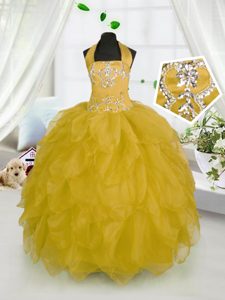 Best Gold Ball Gowns Halter Top Sleeveless Organza Floor Length Lace Up Beading and Ruffles Pageant Dress