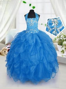 Gorgeous Halter Top Baby Blue Ball Gowns Appliques and Ruffles Little Girls Pageant Dress Wholesale Lace Up Organza Sleeveless Floor Length