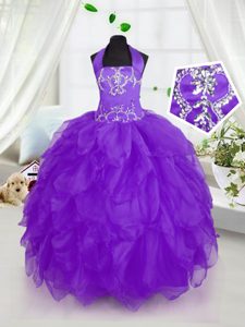Graceful Halter Top Sleeveless Lace Up Little Girl Pageant Gowns Purple Organza