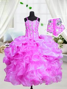 Latest Purple Spaghetti Straps Lace Up Beading and Ruffles Little Girls Pageant Dress Sleeveless