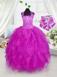 Excellent Halter Top Sleeveless Winning Pageant Gowns Floor Length Appliques and Ruffles Purple Organza