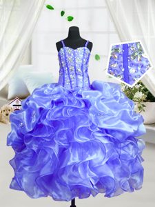 Baby Blue Sleeveless Organza Lace Up Child Pageant Dress for Military Ball and Sweet 16 and Quinceanera