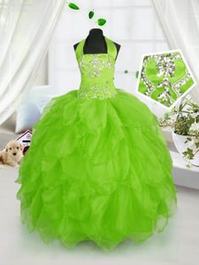Ball Gowns Halter Top Sleeveless Organza Floor Length Lace Up Beading and Ruffles Pageant Dress Wholesale