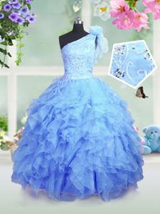 One Shoulder Sleeveless Pageant Dress for Teens Floor Length Beading and Ruffles Baby Blue Organza