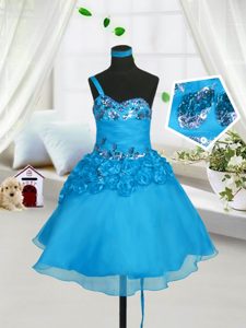 Wonderful Baby Blue Lace Up Pageant Dress Beading and Hand Made Flower Sleeveless Knee Length