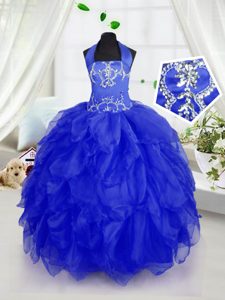 Unique Royal Blue Halter Top Lace Up Appliques and Ruffles Little Girls Pageant Dress Wholesale Sleeveless