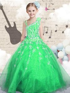 Sleeveless Floor Length Beading and Appliques and Hand Made Flower Lace Up Child Pageant Dress with Green