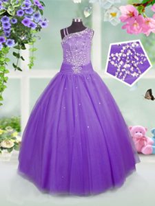 Lovely Floor Length Side Zipper Glitz Pageant Dress Lavender and In for Party and Wedding Party with Beading