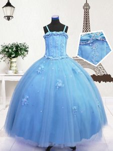 Fantastic Tulle Spaghetti Straps Sleeveless Zipper Beading and Appliques Little Girls Pageant Dress in Baby Blue