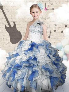 Custom Fit One Shoulder Beading and Ruffles Little Girls Pageant Dress Wholesale Blue And White Lace Up Sleeveless Floor Length
