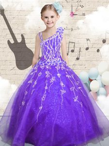 Lilac Organza Lace Up Child Pageant Dress Sleeveless Floor Length Beading and Appliques and Hand Made Flower