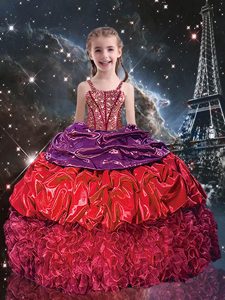 Red Ball Gowns Organza Spaghetti Straps Sleeveless Beading and Ruffles and Pick Ups Floor Length Lace Up Pageant Gowns