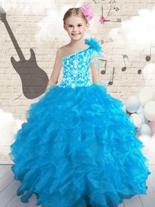Floor Length Baby Blue Pageant Gowns For Girls One Shoulder Sleeveless Lace Up