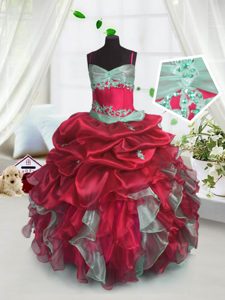 New Arrival Spaghetti Straps Sleeveless Little Girls Pageant Dress Floor Length Beading and Ruffles Red Organza