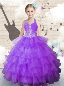 Scoop Organza Sleeveless Knee Length Pageant Dress Wholesale and Hand Made Flower