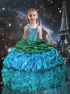 Pick Ups Ball Gowns Winning Pageant Gowns Aqua Blue Spaghetti Straps Organza Sleeveless Floor Length Lace Up