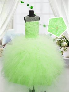 Simple Scoop Apple Green Ball Gowns Beading and Appliques Little Girls Pageant Dress Zipper Tulle Sleeveless Floor Length