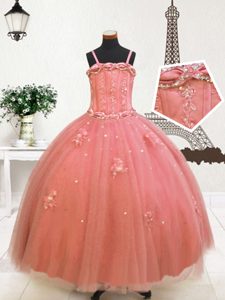 Spaghetti Straps Sleeveless Zipper Kids Formal Wear Pink Tulle