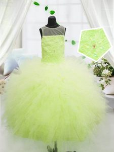 Fashionable Scoop Yellow Green Ball Gowns Beading and Appliques Kids Pageant Dress Zipper Tulle Sleeveless Floor Length