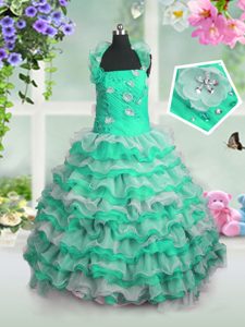 Best Green Girls Pageant Dresses Party and Wedding Party and For with Beading and Appliques and Ruffled Layers Straps Sleeveless Lace Up